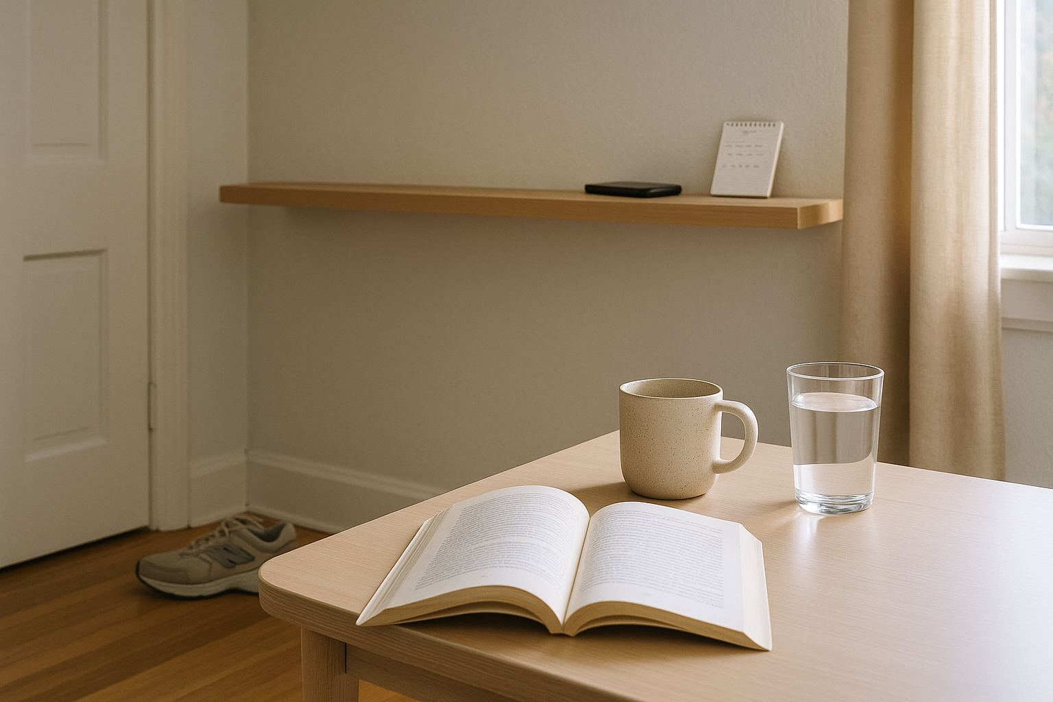 Celular deixado longe do espaço de trabalho, com livro, água e caderno preparados como alternativas à rolagem.
