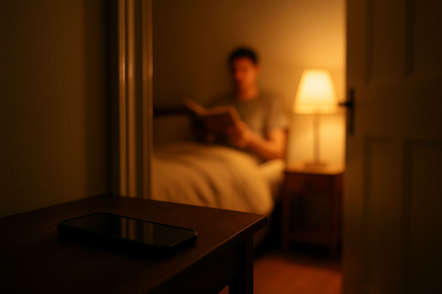 Celular deixado fora do quarto enquanto uma pessoa termina o dia lendo na cama.