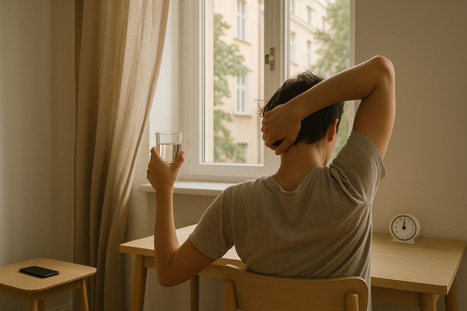 Pessoa faz uma pausa curta com alongamento e água, enquanto o celular permanece virado para baixo e longe da mesa.