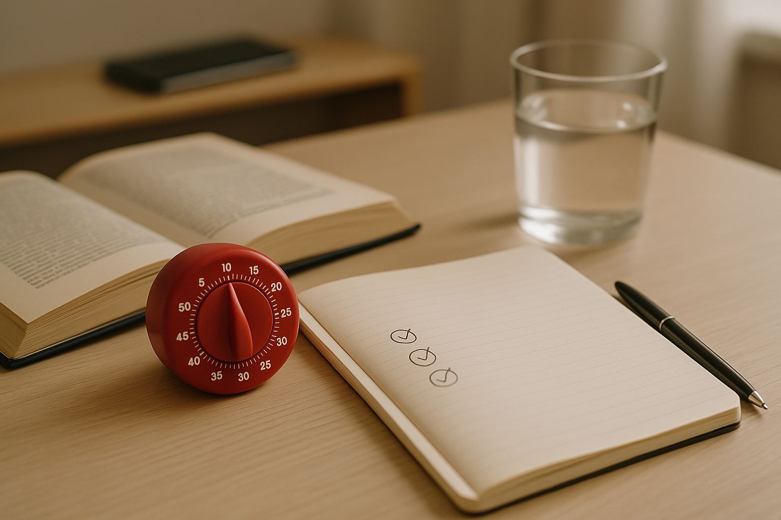 Study desk prepared for a Pomodoro session, with a timer, a small written task, and a phone placed away from the workspace.