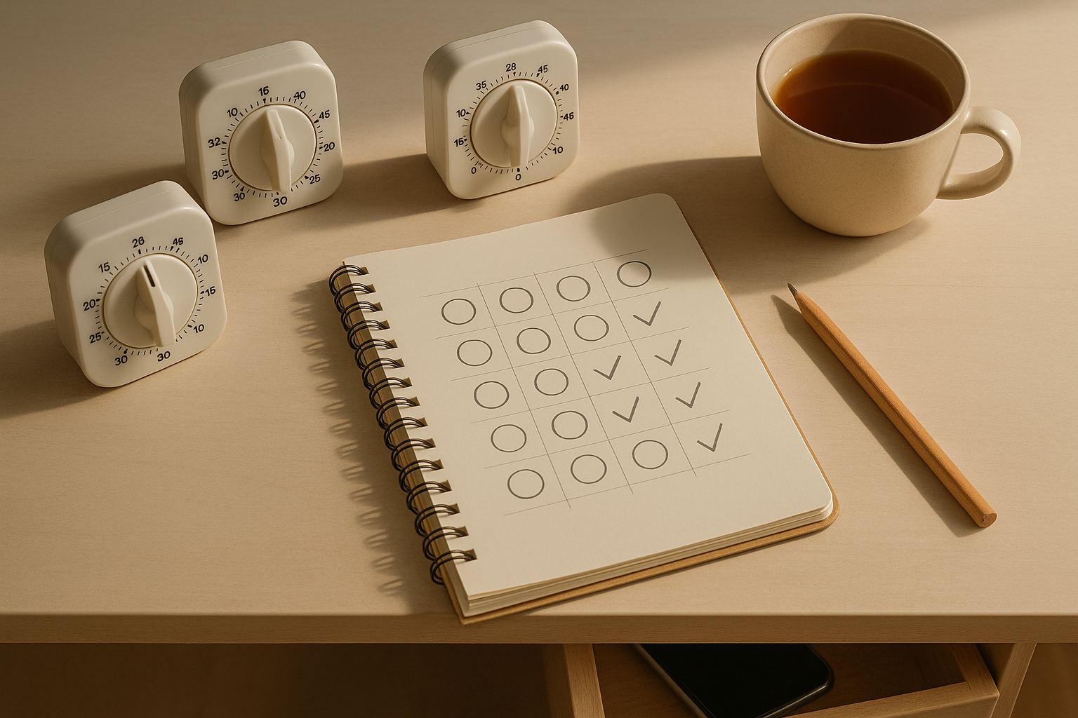 Timers com durações diferentes e um caderno de ciclos concluídos mostram a adaptação do Pomodoro ao próprio ritmo.